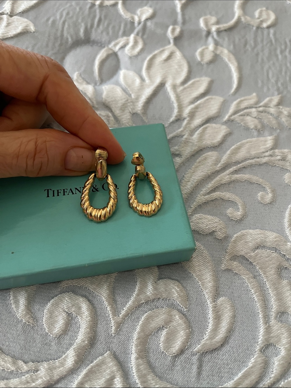 Trifari Gold Twisted Rope Drop Hoop Earrings